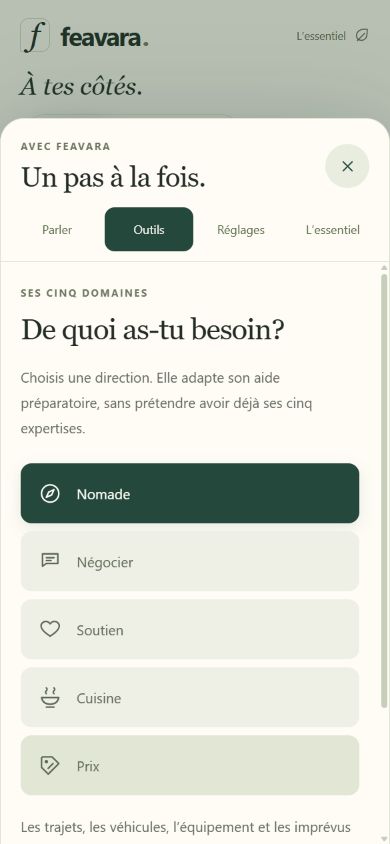 Vue Outils du prototype mobile avec Nomade, Négocier, Soutien, Cuisine et Prix