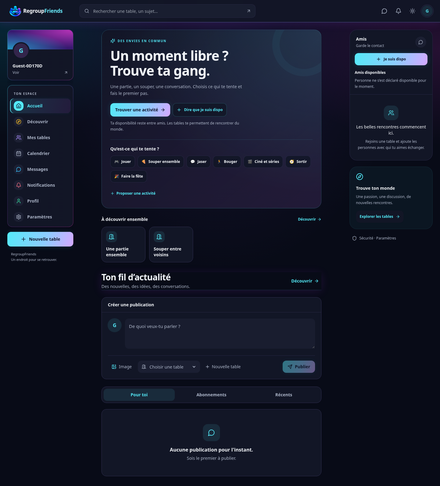 Accueil RegroupFriends : trouver une activité, indiquer sa disponibilité, retrouver ses amis et les Tables